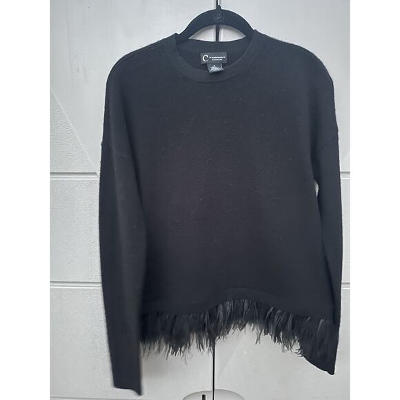 C by Bloomingdale's Black Ostrich Feather Trim Cashmere Crewneck Sweater Sz S - Picture 12 of 15
